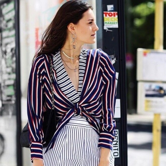 Zara Red White Blue Striped Long Sleeve Tie Front Bodysuit Size Medium - Picture 3 of 11